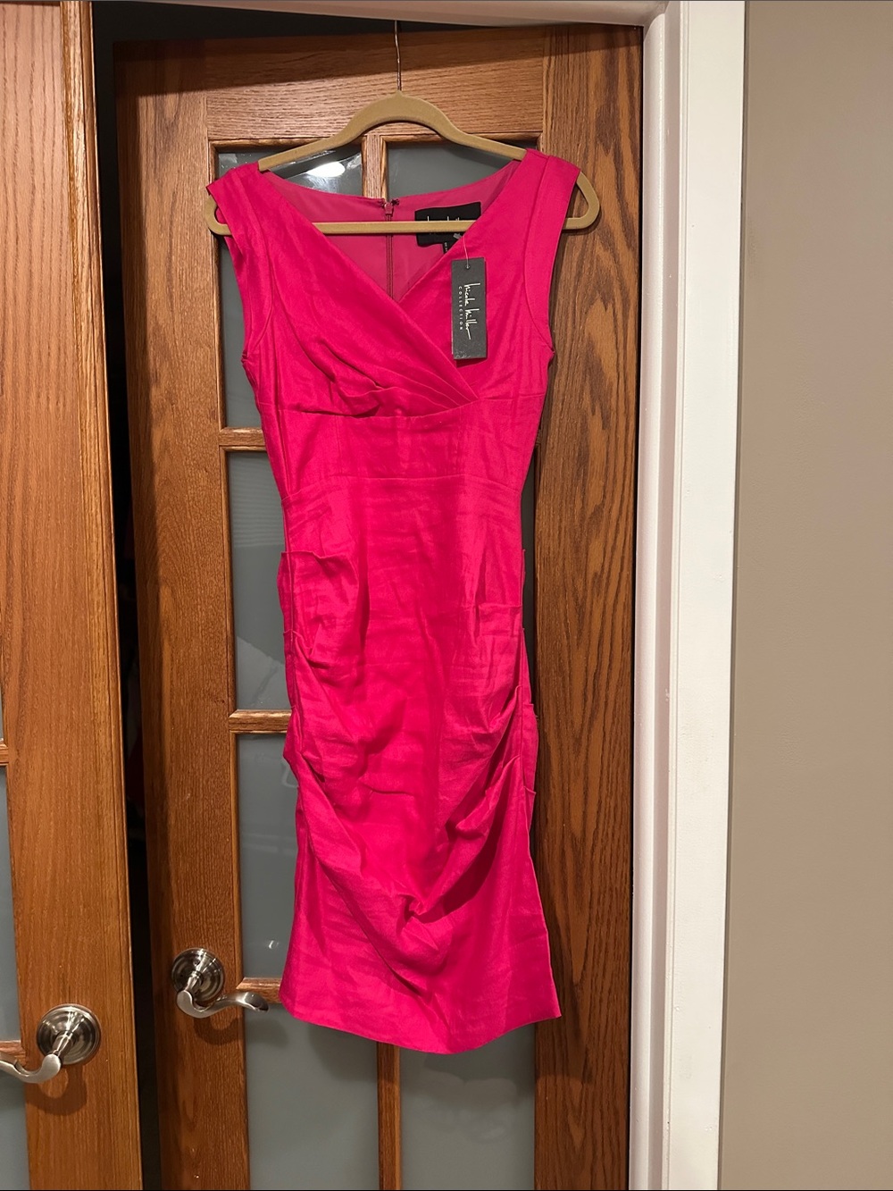 Nicole Miller Fuchsia Ruched V-Neck Midi Dress